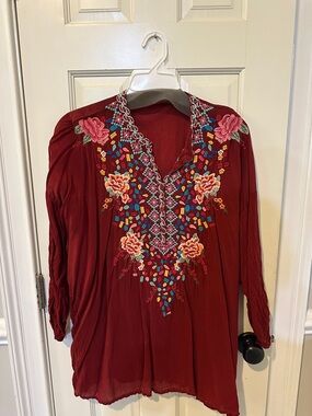 Johnny Was Burgundy Embroidered V-Neck Tunic with Multicolor Floral Accents